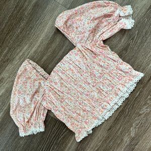 Ruched puff sleeve floral top scallop trim